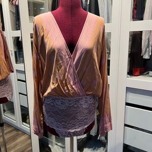 Free People Pink and Orange Lace Wrap Top Bodysuit